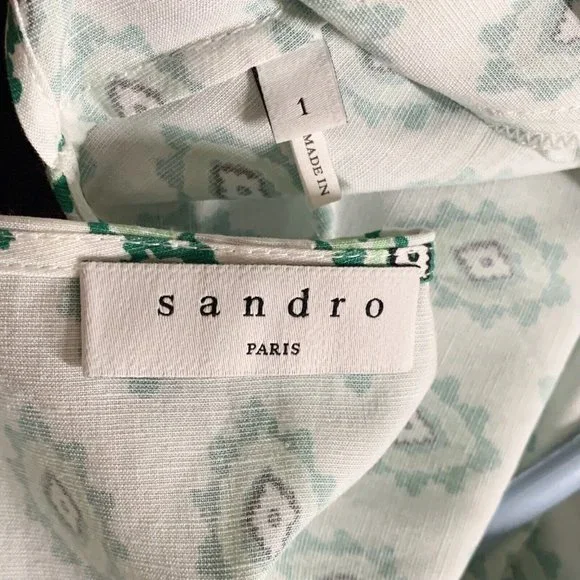 Sandro Namal Printed Crop Top 1 Small Waist Tie 3/4 Balloon Sleeve White Green - Picture 6 of 7